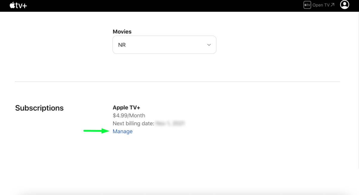 Apple TV Plus website screenshot of Settings tab and subscriptions section