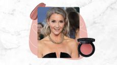 Helen Skelton pictured in a black strapless dress and gold necklace with a pot of Bobbi Brown Pot Rouge and swipe of pink makeup beside