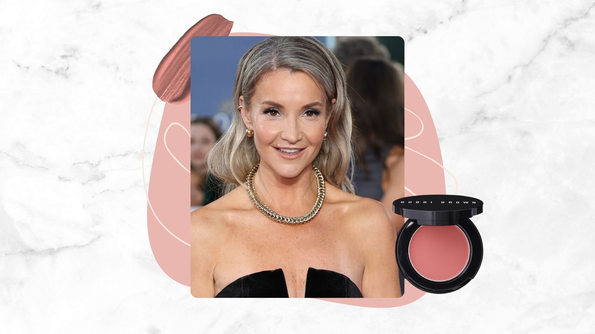 Helen Skelton pictured in a black strapless dress and gold necklace with a pot of Bobbi Brown Pot Rouge and swipe of pink makeup beside 