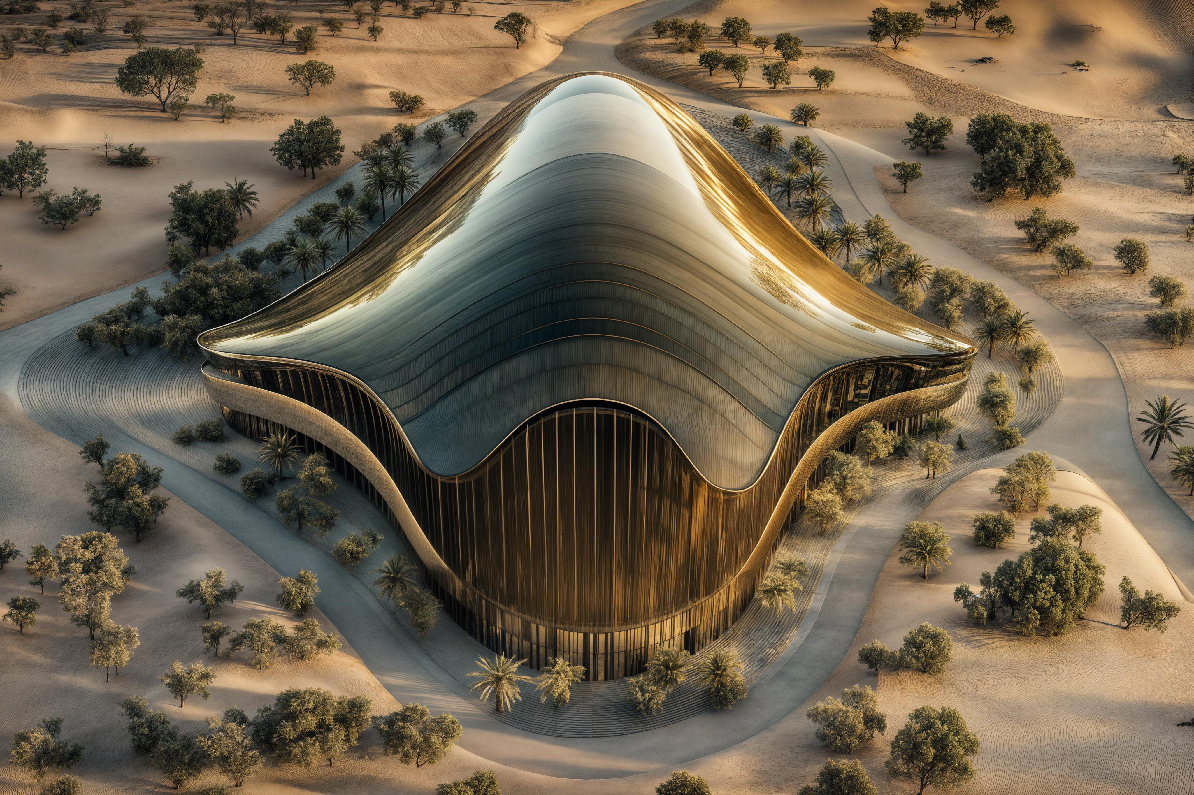 Birds eye view of curved building in the desert