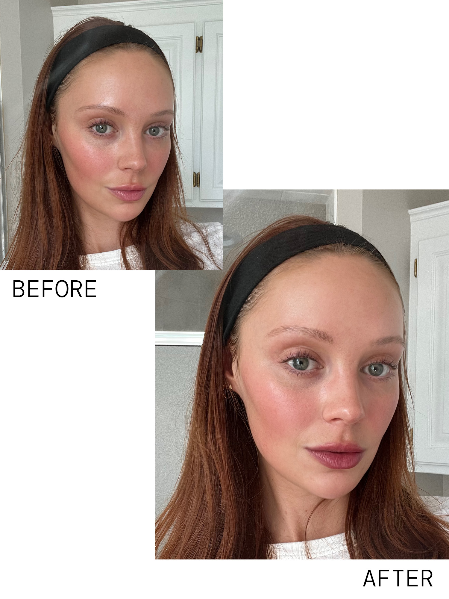 Who What Wear's beauty director showing her lips before and after using Wonderskin's Wonderblading Lip Stain.