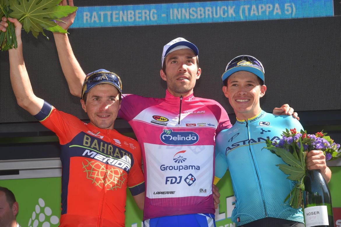 Domenico Pozzovivo, Thibaut Pinot and Miguel Lopez on the podium