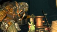 A Rosie gets down on one knee to comfort a Little Sister in BioShock.