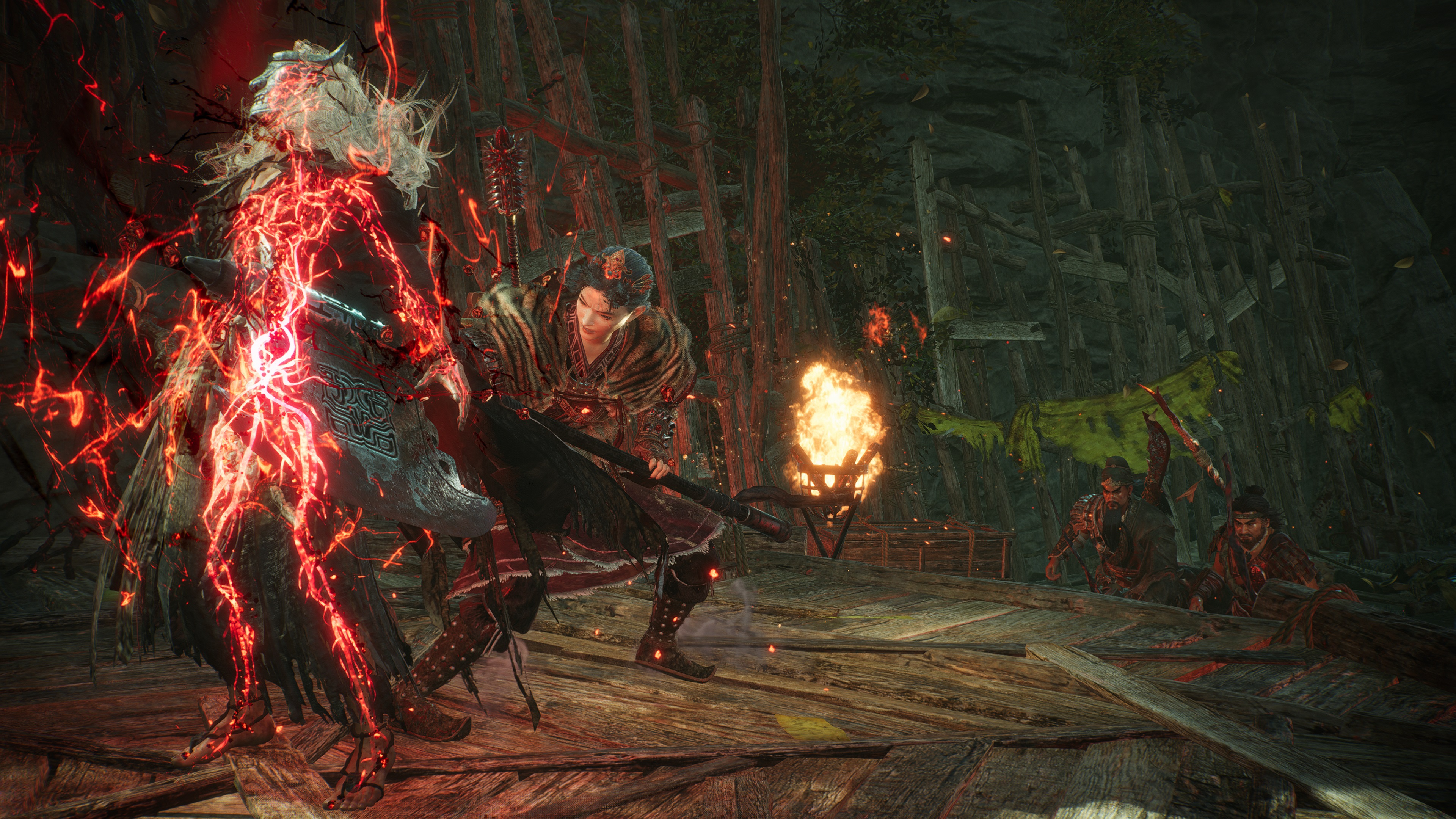 Внутриигровой скриншот Wo Long: Fallen Dynasty, на котором игрок выполняет Fatal Strike, а его союзники спешат на помощь.