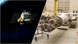 A split image of NASA's Swift observatory in orbit and the Katalyst spacecraft that will save it from falling out of space.