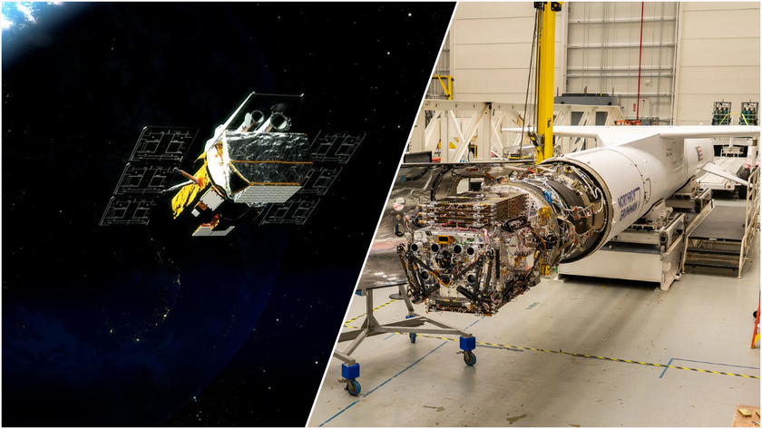 A split image of NASA's Swift observatory in orbit and the Katalyst spacecraft that will save it from falling out of space.