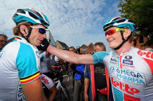 Jurgen Roelandts, left, celebrates with Omega Pharma-Lotto teammate and stage winner Andre Greipel.