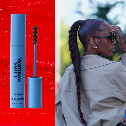 A woman with a long twisted ponytail and sculpted edges is next to a flyaway wand product. Both are in front of a red background.