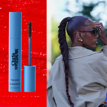 A woman with a long twisted ponytail and sculpted edges is next to a flyaway wand product. Both are in front of a red background.