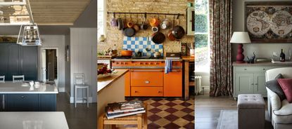 three examples of modern farmhouse decor mistakes. Dark kitchen with wooden ceiling, blue cabinetry. Rustic kitchen with tiled flooring, bright orange stove, blue and white tiled splashback, pots and pans on rack on wall. Cozy living room with sofa, ottoman, floral curtains, map artwork on wall.