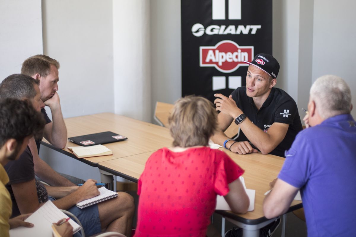 Marcel Kittel talks to the visiting media