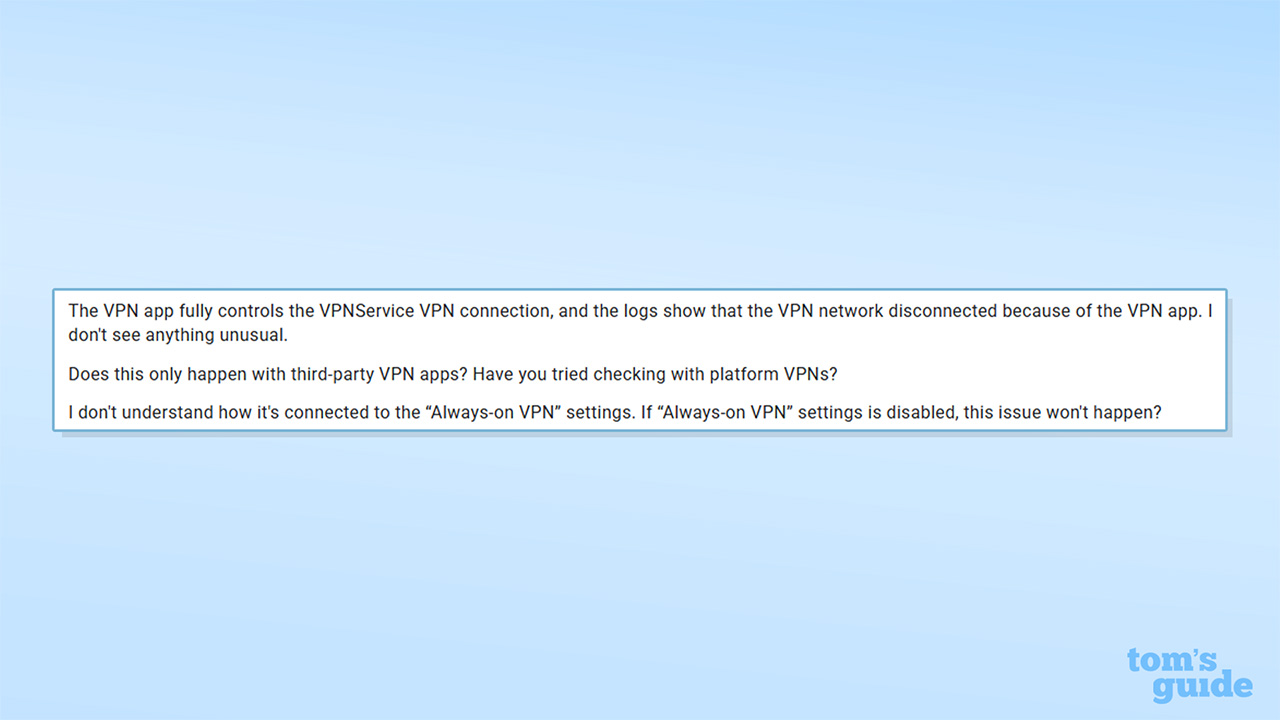 Screenshot of Google engineer response to Android VPN bug report