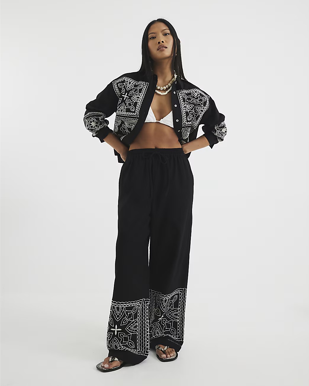 River Island, Petite Black Linen Blend Broderie Trousers