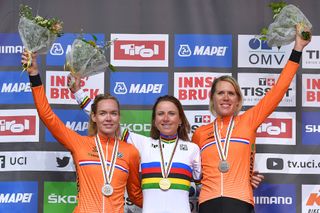 Van der Breggen, Van Vleuten and Van Dijk on the 2018 UCI Road World championships time trial podium