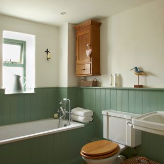 bathroom with chapell green eggshell and bathtub