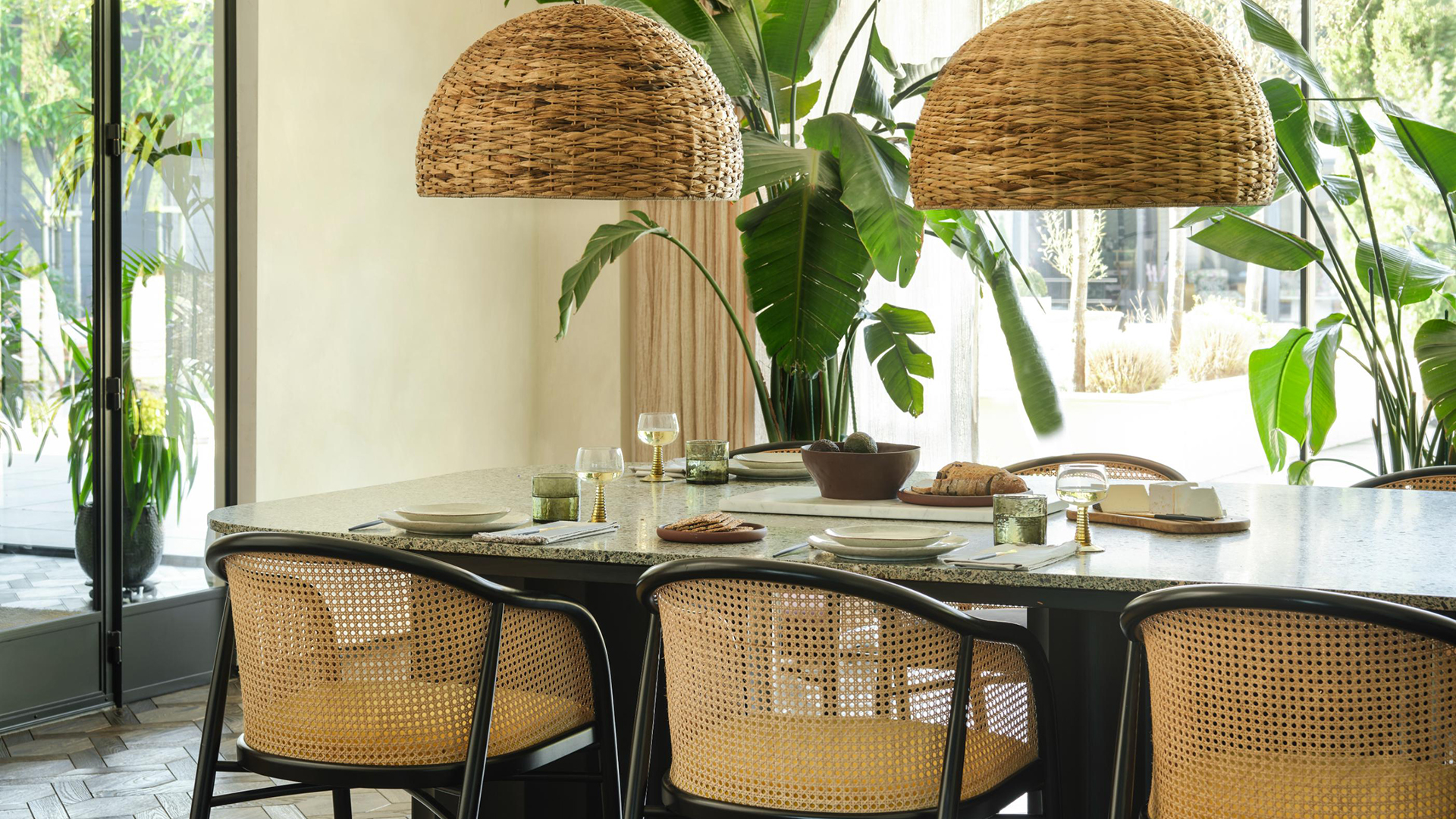 Rattan ceiling lights and dining chairs