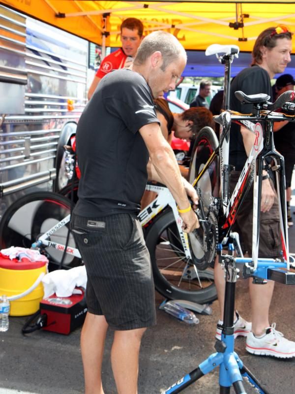 RadioShack mechanic Craig Geater was busy installing bigger outer chainrings on team bikes just hours before the start of the prologue.