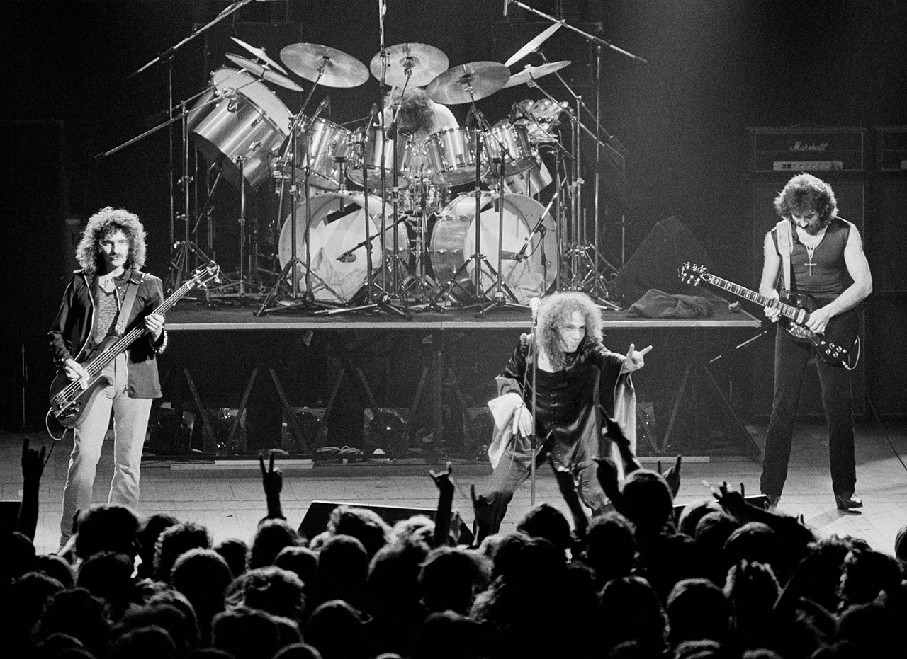 Black Sabbath perform live on stage at the Gaumont Theatre in Southampton on 25th June 1980.: Geezer Butler, Bill Ward, Ronnie James Dio and Tony Iommi.