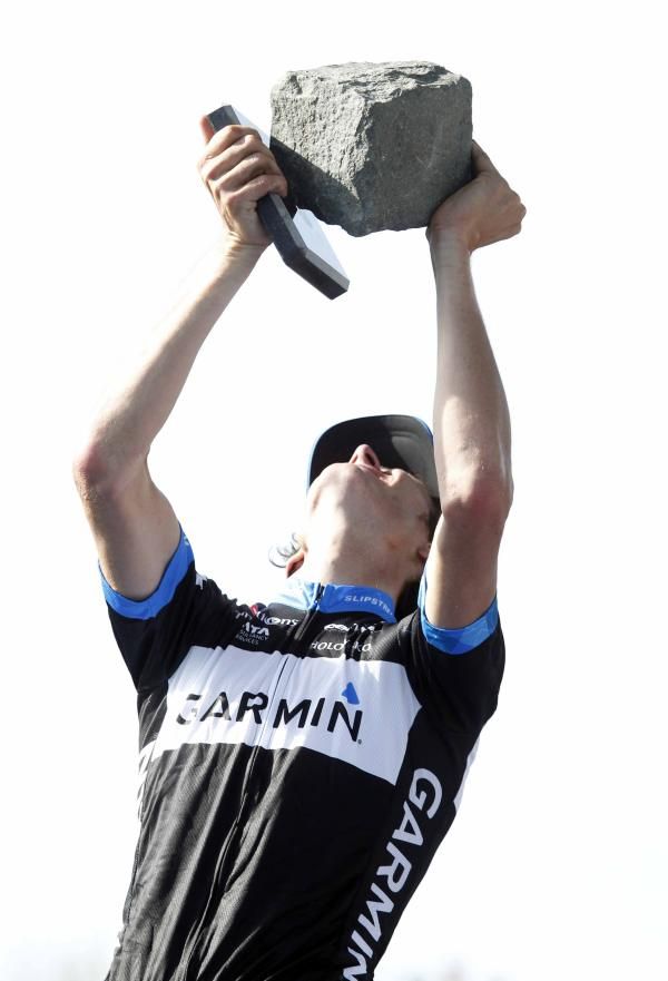 Paris-Roubaix: Johan Vansummeren (Garmin-Cervelo) struggles to lift his prize.