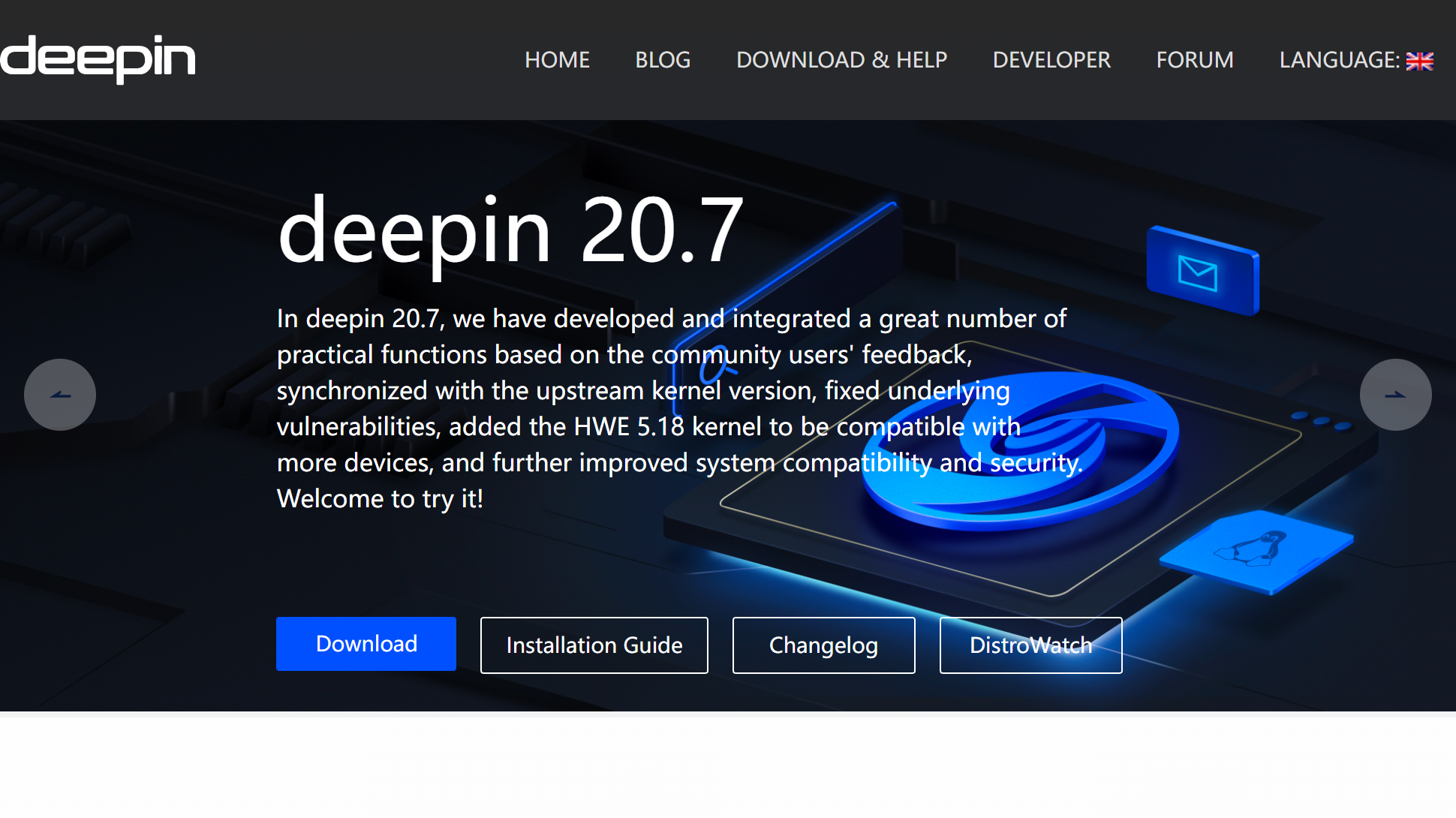 Tangkapan layar situs web Deepin Linux OS