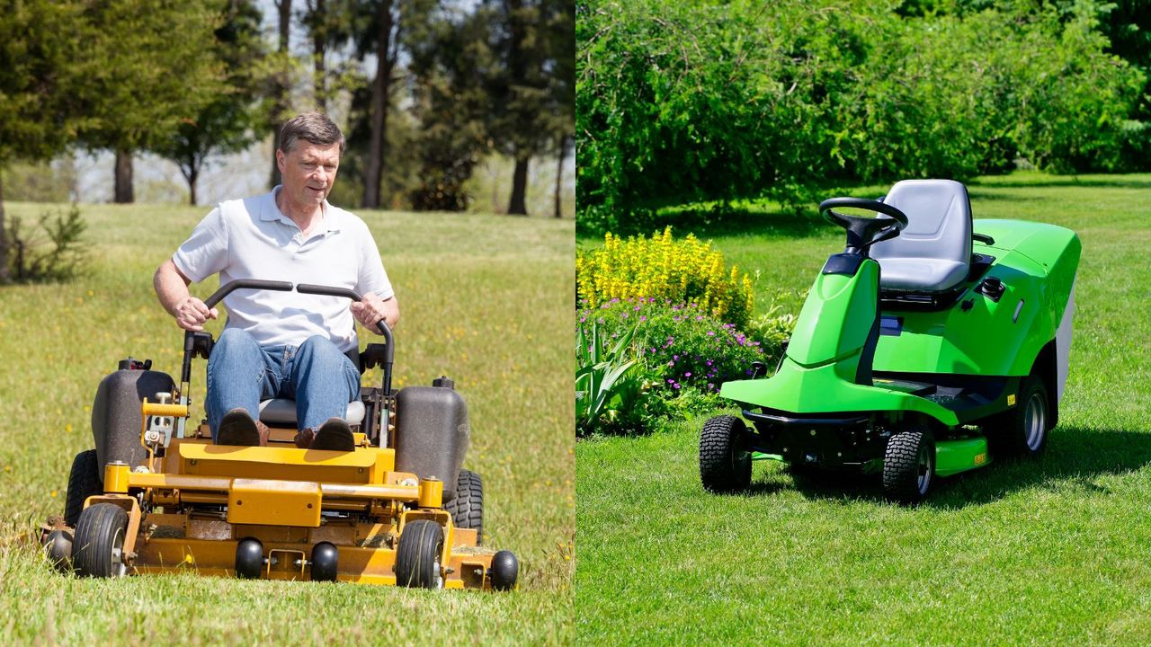 A split panel image of zero-turn vs tractor riding mowers