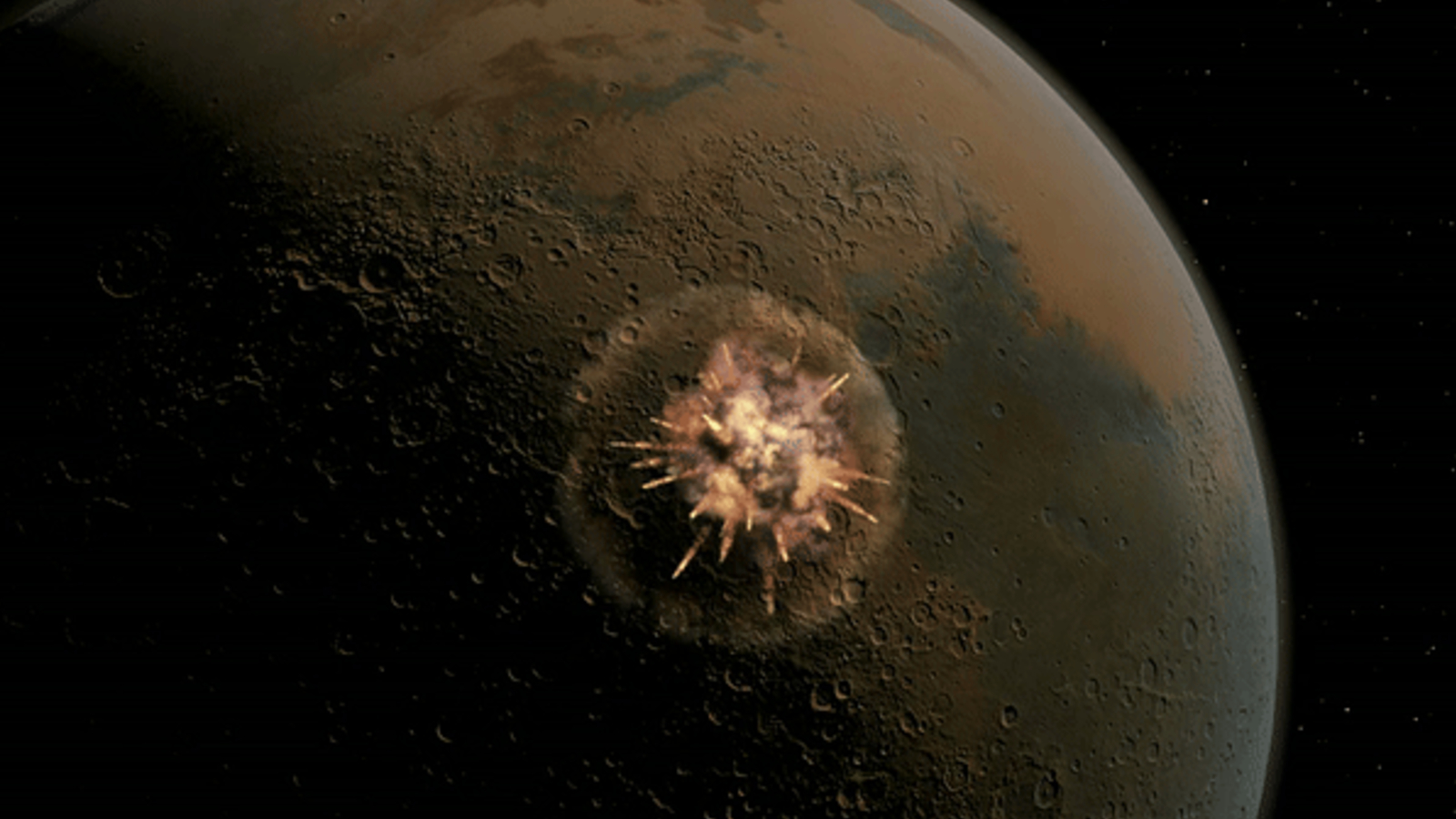 An artist's illustration of a meteor impact on Mars spraying rocks into space