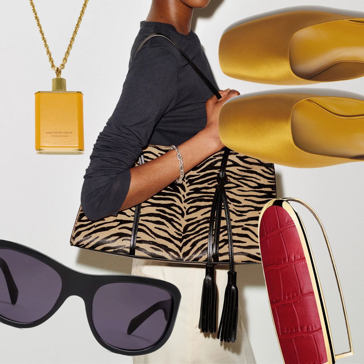 A collage of beauty products and fashion items on Who What Wear associate beauty editor Alyssa Brascia's fall wish list. 