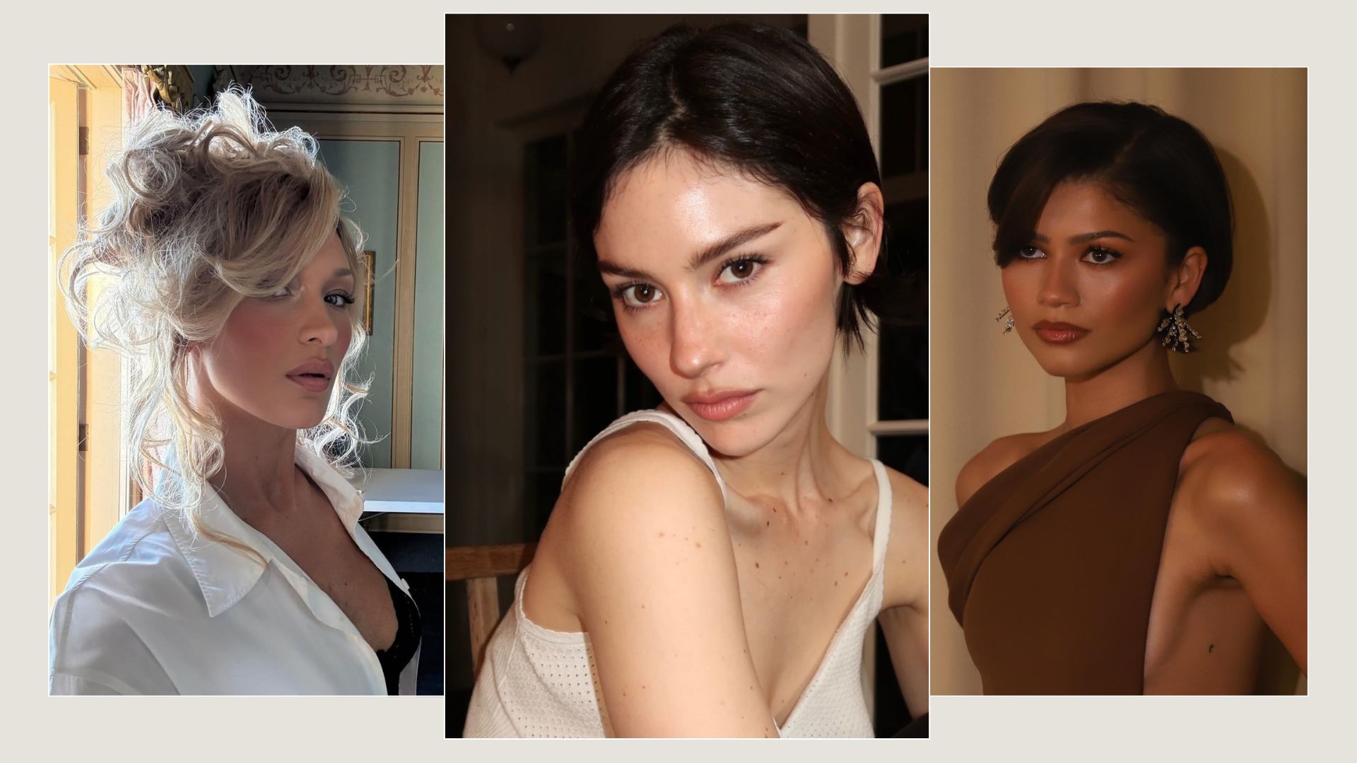 A collage of blusher looks on Bella Hadid, Gracie Abrams and Zendaya