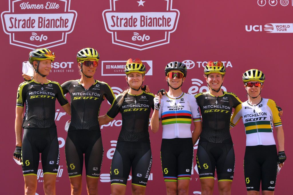 SIENA ITALY AUGUST 01 Start Annemiek Van Vleuten of The Netherlands European Champion Jersey Jessica Allen of Australia Lucy Kennedy of Australia Amanda Spratt of Australia Moniek Tenniglo of The Netherlands Georgia Williams of New Zealand and Team Mitchelton Scott Covid Safe measures Team Presentation during the Eroica 6th Strade Bianche 2020 Women Elite a 136km race from Siena to Siena Piazza del Campo StradeBianche on August 01 2020 in Siena Italy Photo by Luc ClaessenGetty Images