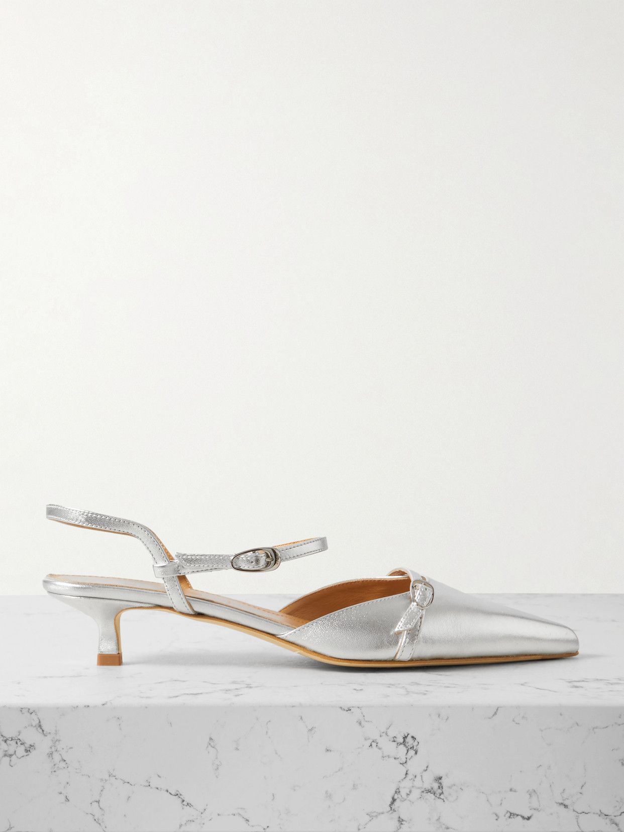 Melia buckled metallic leather slingback pumps