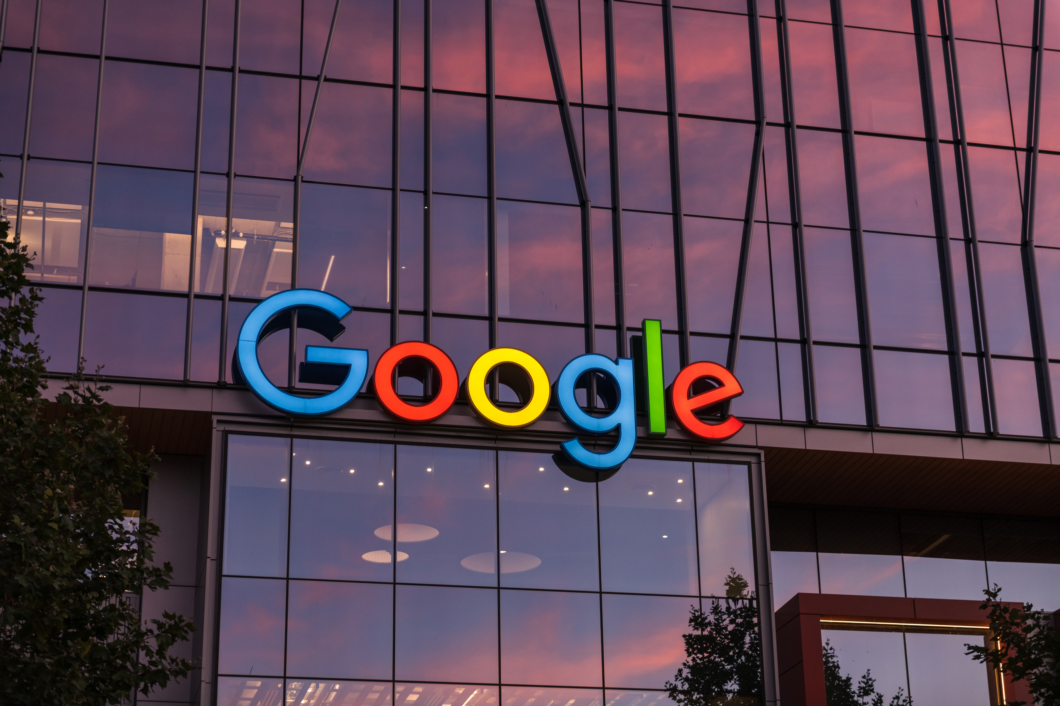 Google logo on building outside Google office