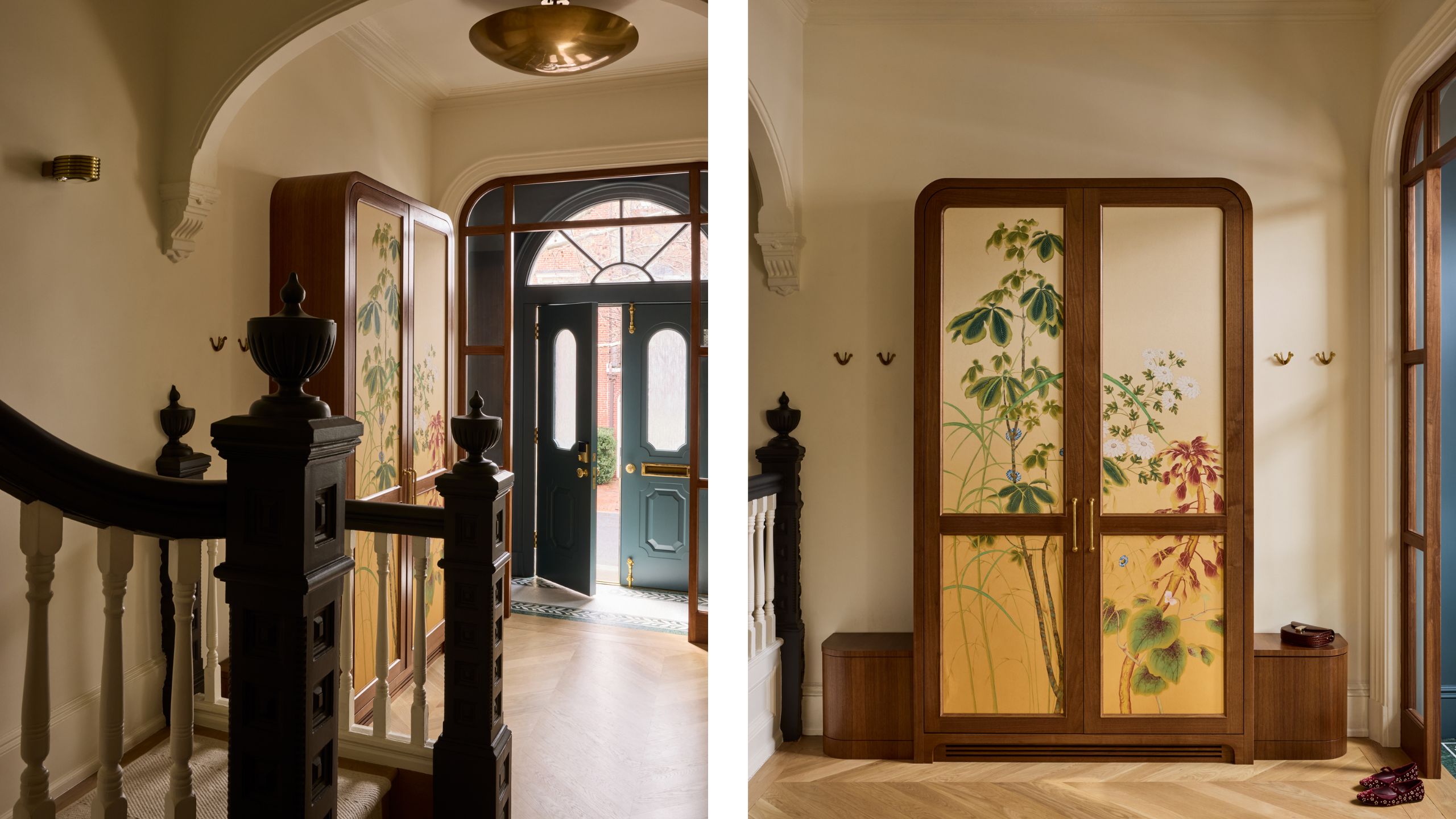 two side by side images of a historic entry of a home with antique staircase and front door styled with a mural painted hall cabinet