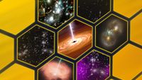 Alternating yellow hexagons and hexagons featuring images of space and black holes