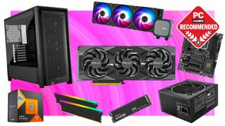 A collection of PC parts on a pink background with the PC Gamer Recommends badge in the top right.