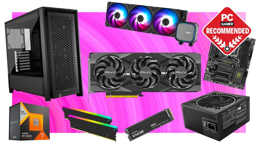 A collection of PC parts on a pink background with the PC Gamer Recommends badge in the top right.