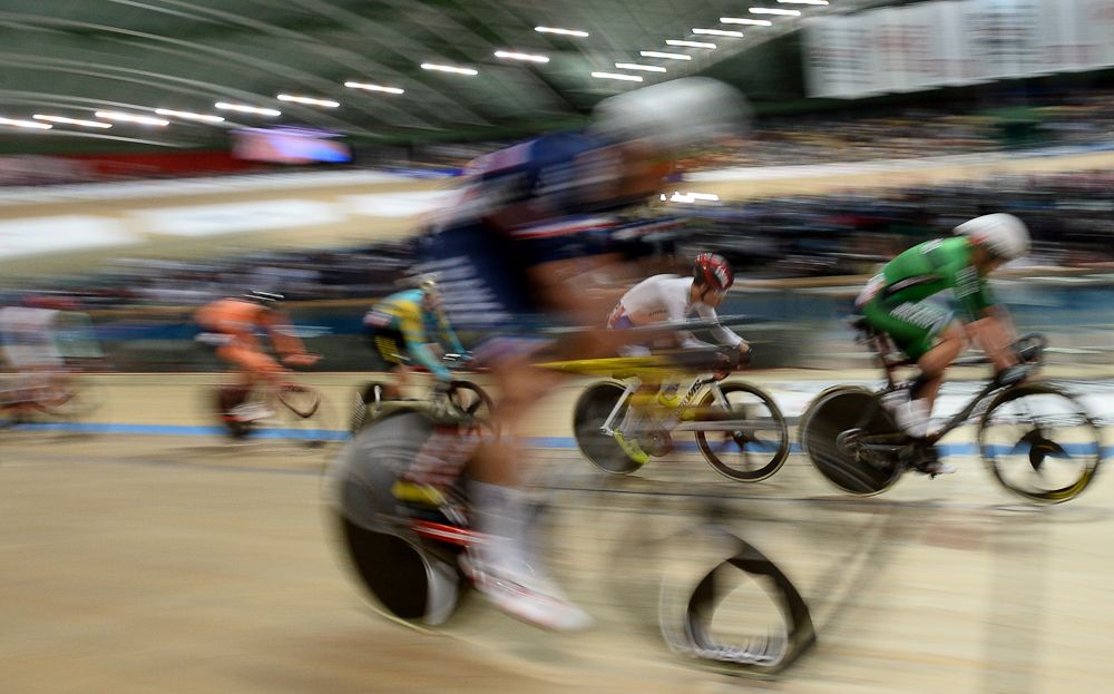 Cyclists compete during the Men's Points Race 40 km at the UCI Track Cycling World Championships in Pruszkow, Poland
