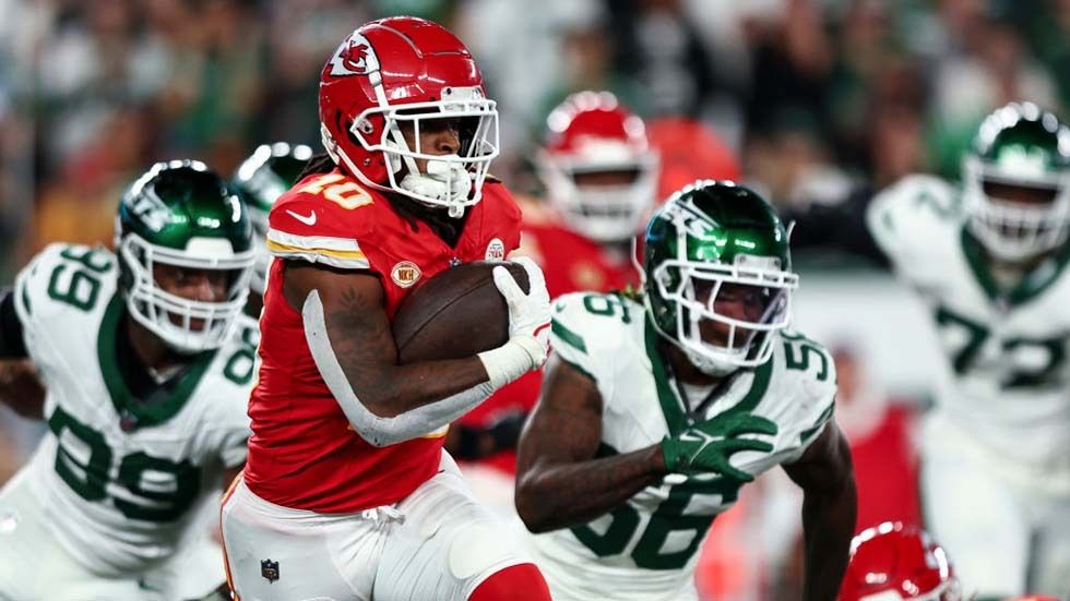 Isiah Pacheco #10 of the Kansas City Chiefs carries the ball during the third quarter of an NFL football game against the New York Jets at MetLife Stadium on October 1, 2023 