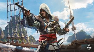 Assassin's Creed Black Flag Resynced key art showing protagonist Edward Kenway pointing dual wielding pistols
