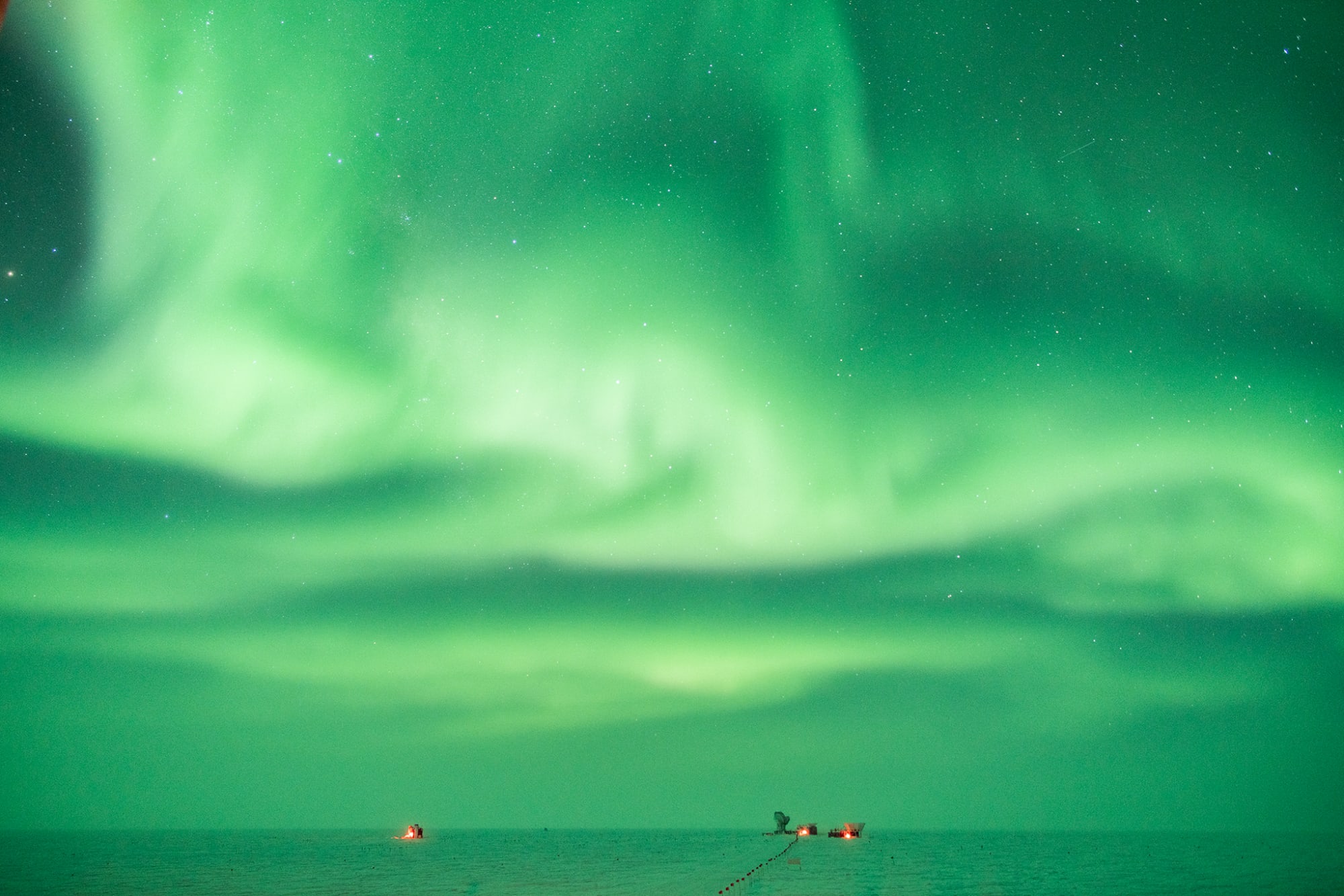 A supercharged aurora australis above the South Pole during a geomagnetic storm.