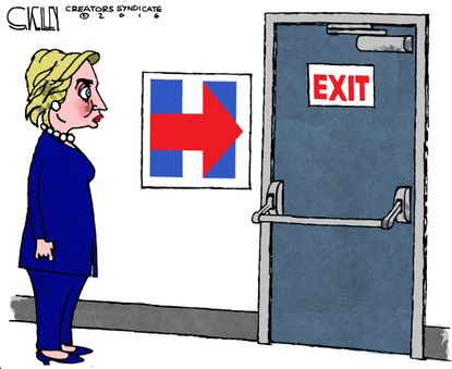 Political cartoon U.S. 2016 election Hillary Clinton exit door