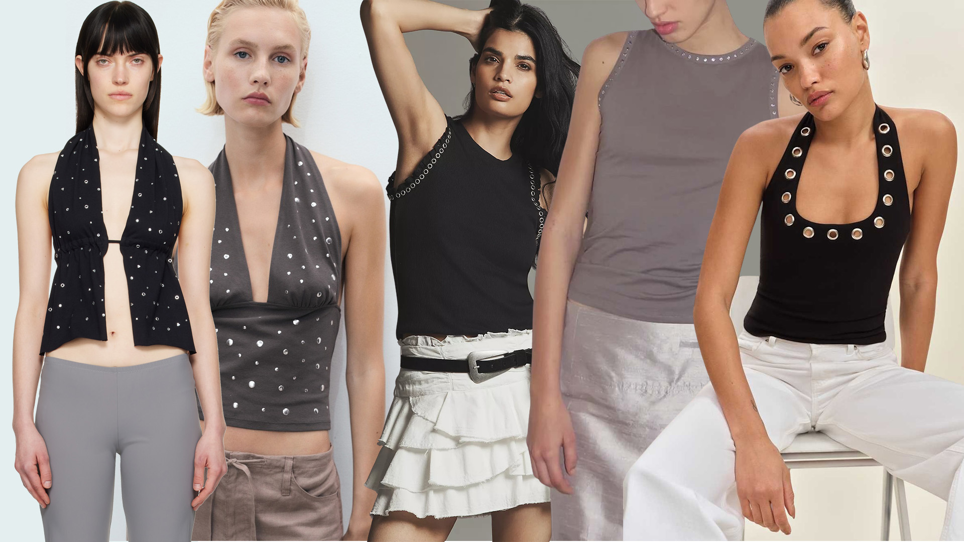 Collage of women wearing grommet studded tops.