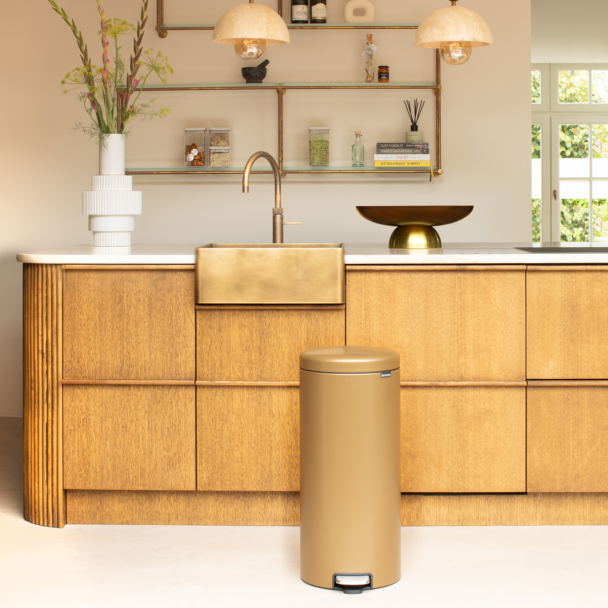 Brabantia coloured bins in kitchen