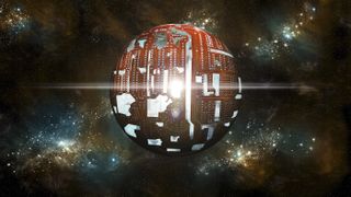 A 3D rendering of a Dyson sphere in a galaxy.