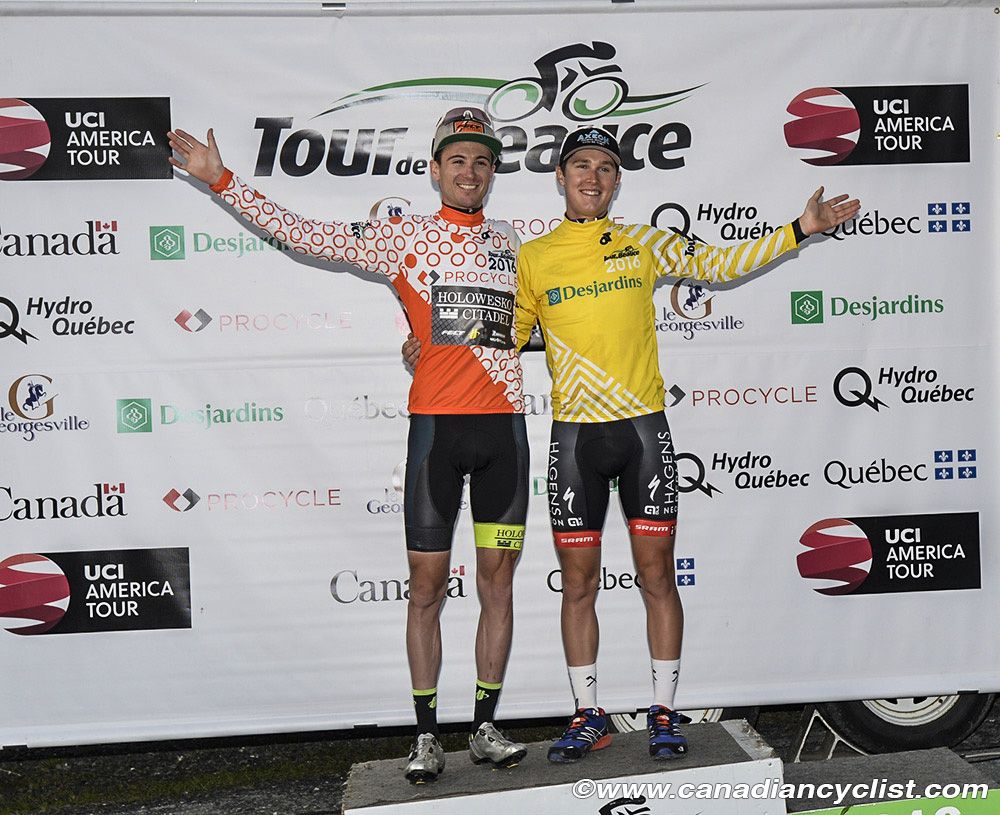 Gregory Daniel (Axeon Hagens Berman) holds three of four jerseys with Rob Squire (Holowesko-Citadel) holding the KOM polka dot