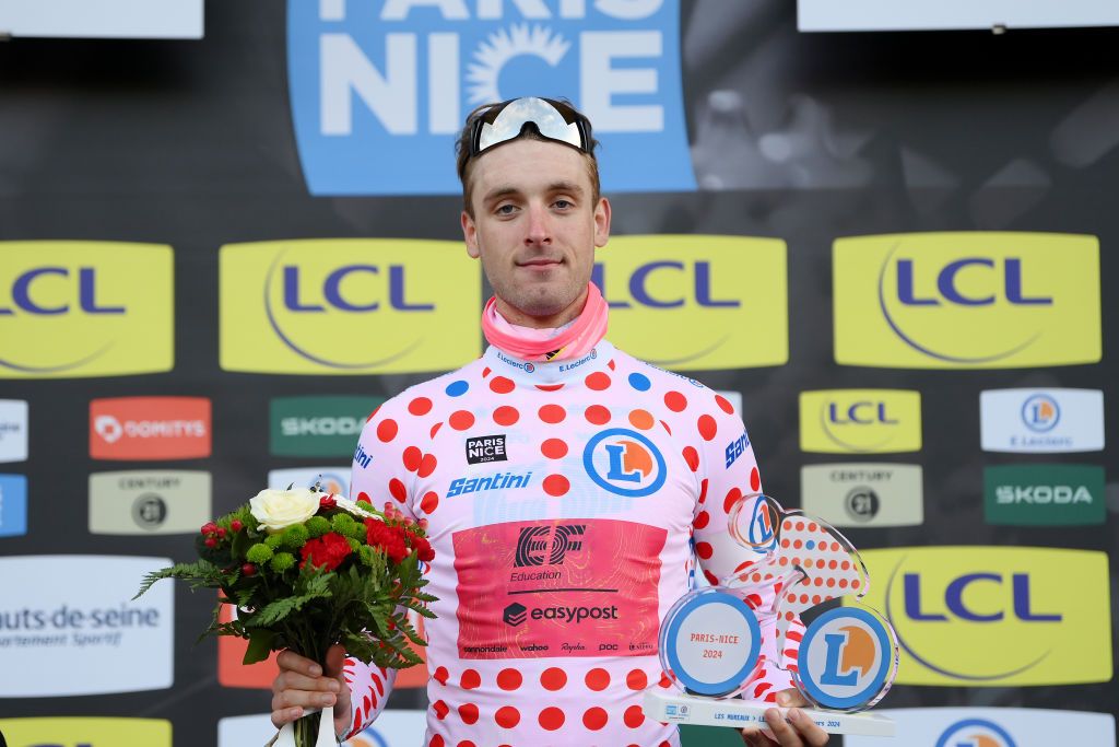 LES MUREAUX FRANCE MARCH 03 Jonas Rutsch of Germany and Team EF Education EasyPost celebrates at podium as Polka dot Mountain Jersey winner during the 82nd Paris Nice 2024 Stage 1 a 1577km stage from Les Mureaux to Les Mureaux UCIWT on March 03 2024 in Les Mureaux France Photo by Alex BroadwayGetty Images