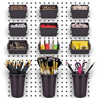 12 Pack Pegboard Bins Pegboard Cups With Hooks & Loops, and black containers that hook on