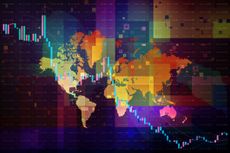A vibrant digital dashboard displays a global map overlayed with dynamic candlestick charts and financial indicators.