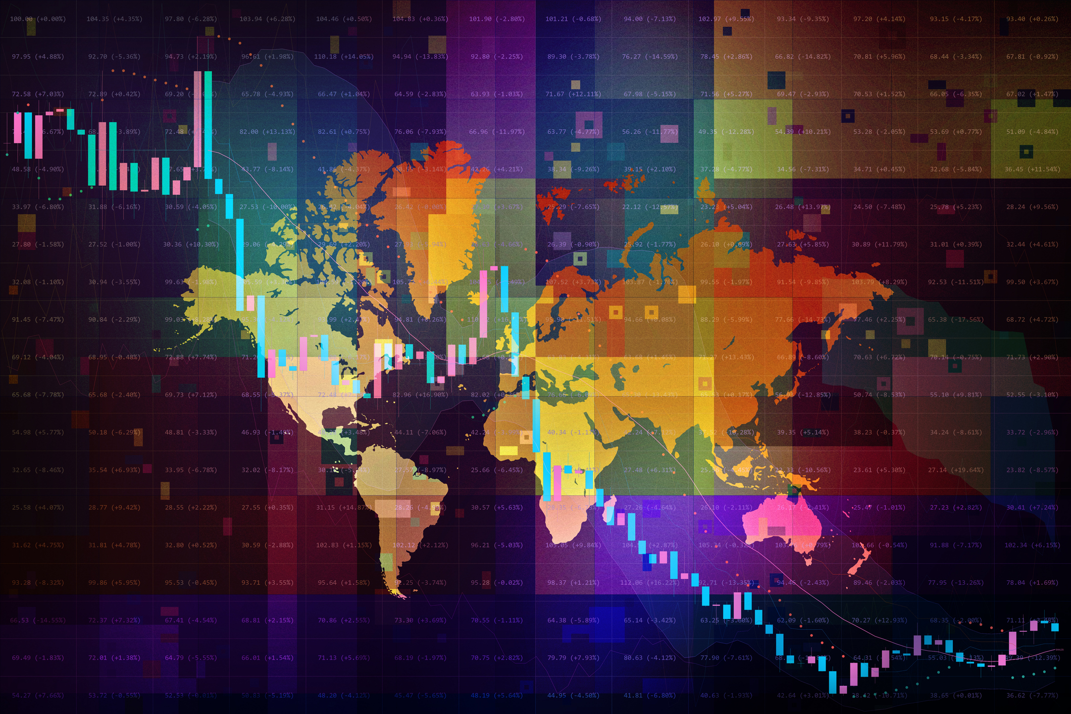 A vibrant digital dashboard displays a global map overlayed with dynamic candlestick charts and financial indicators.