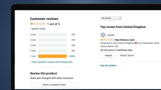 A laptop screen showing an Amazon review