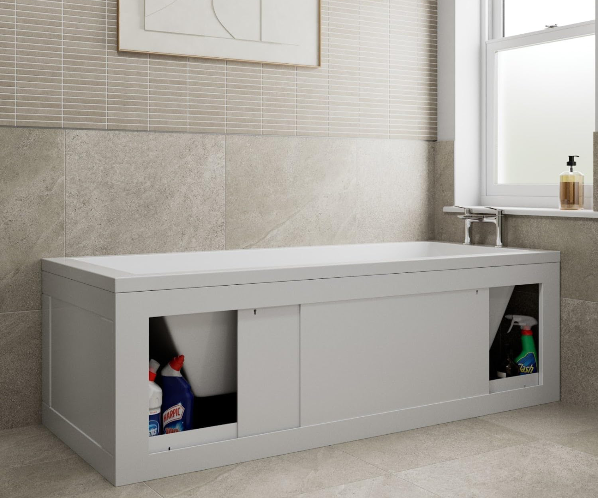 bath panel with sliding doors to hide storage space behind